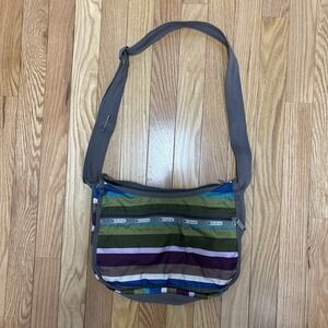 LeSportSac Denver Stripe Medium Crossbody Bag - Olive Green Purple Gray